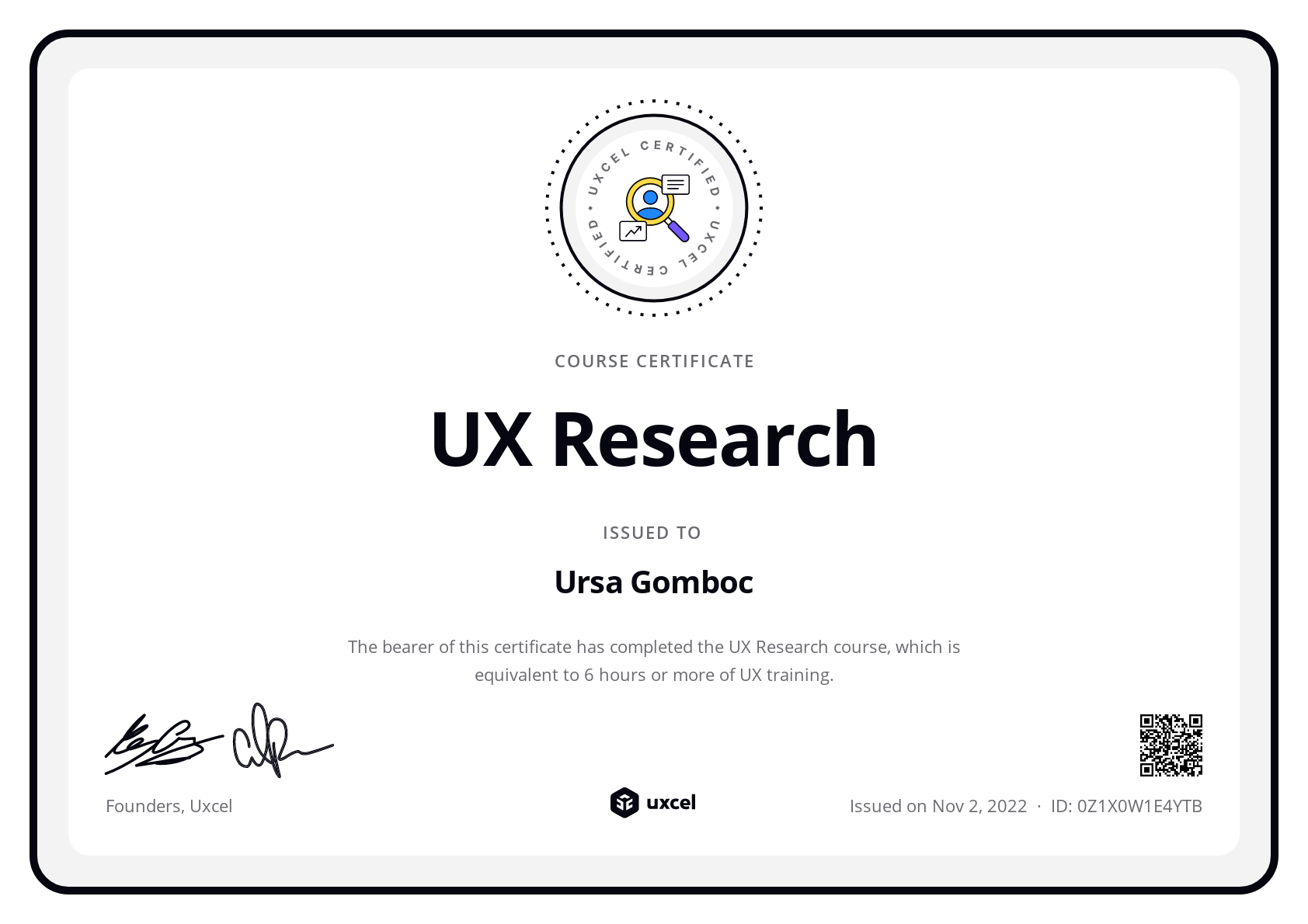 Ursa Gomboc's certificate